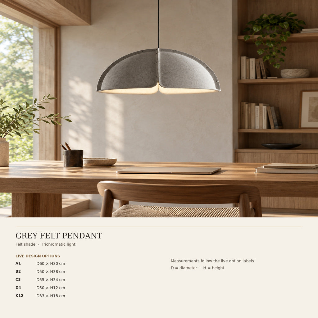 Grey felt pendant guide with five option dimensions and trichromatic light