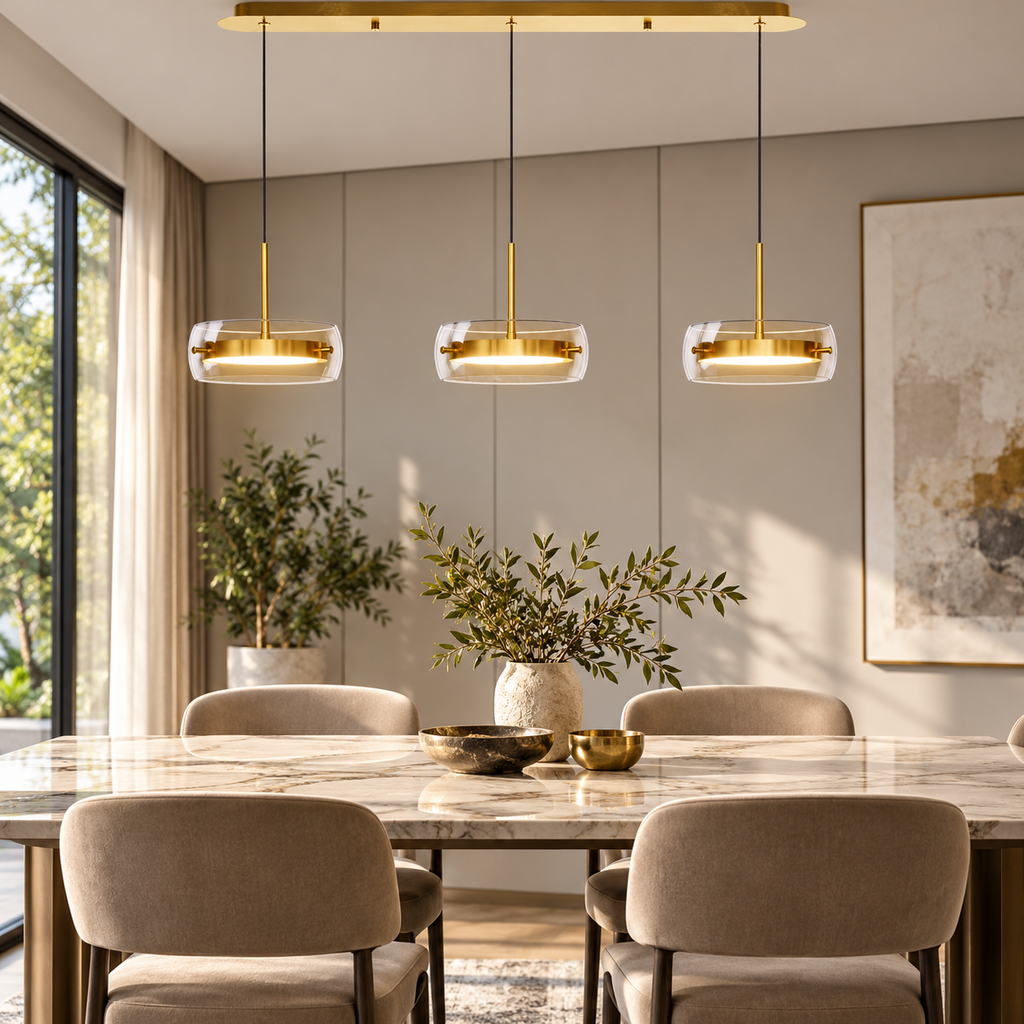 Linear LED disc pendant with three gold heads over a dining table in a contemporary kitchen