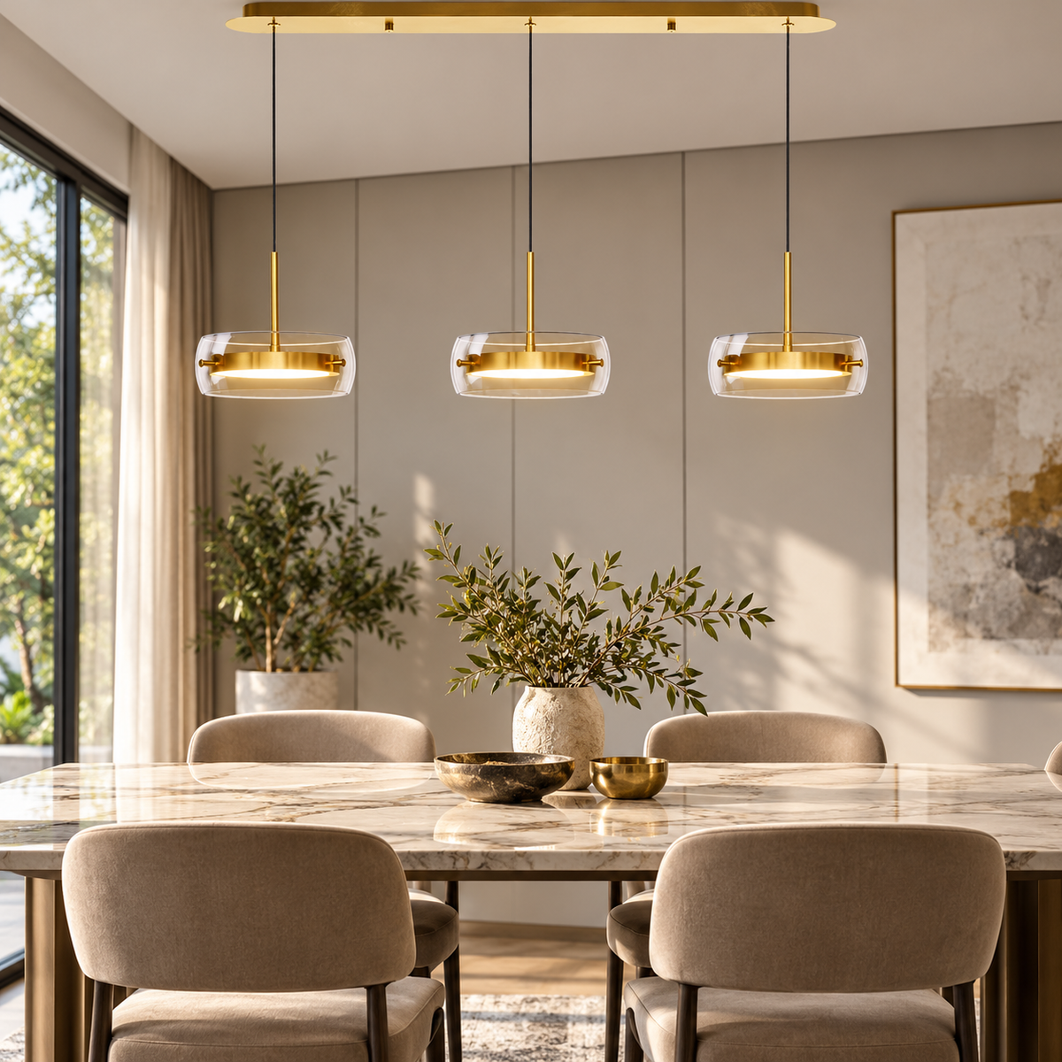 Linear LED disc pendant with three gold heads over a dining table in a contemporary kitchen