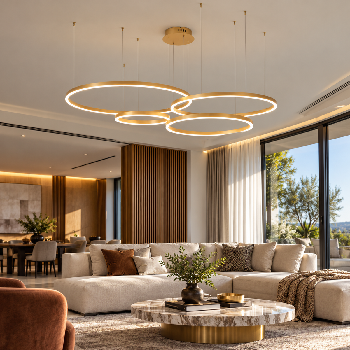 Circular LED ring pendant glowing above a modern living room