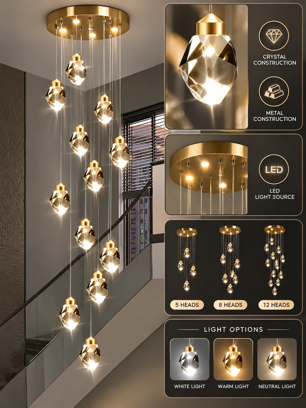 Verified light-source, light-colour and configuration options for the cascading crystal chandelier; no dimensions