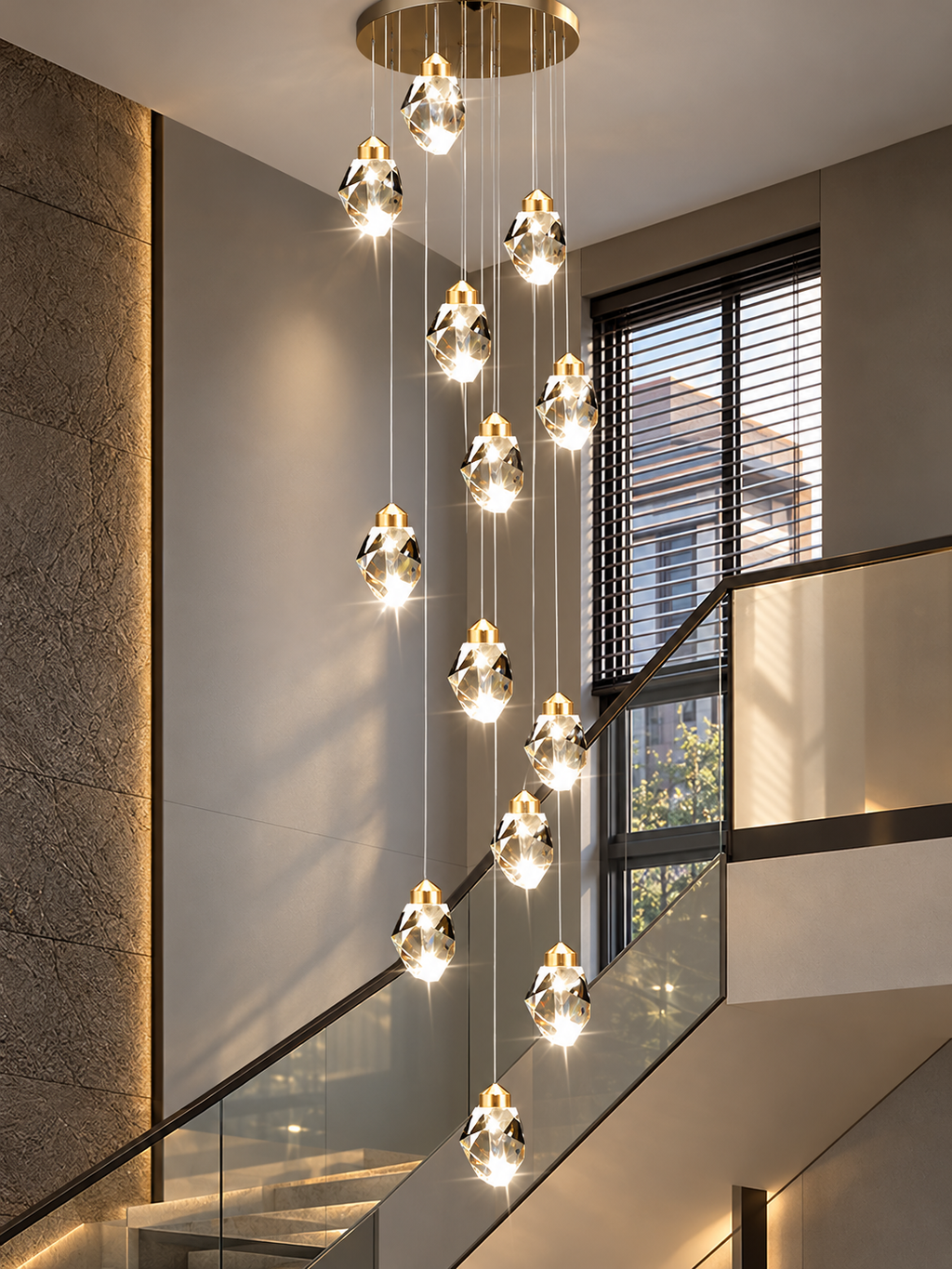 Cascading crystal LED chandelier shown in a refined stairwell interior