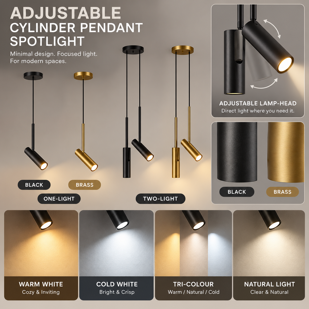 Verified finish, head-count, adjustable angle and light options for the cylinder LED pendant; no dimensions