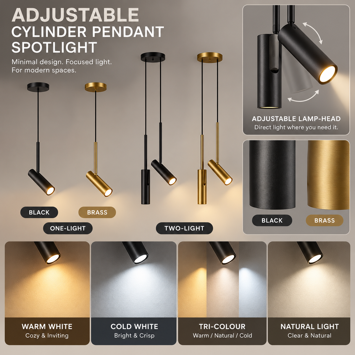 Verified finish, head-count, adjustable angle and light options for the cylinder LED pendant; no dimensions