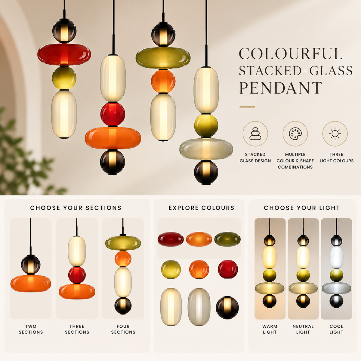 Verified stacked-glass section and colour options for the pendant; no dimensions