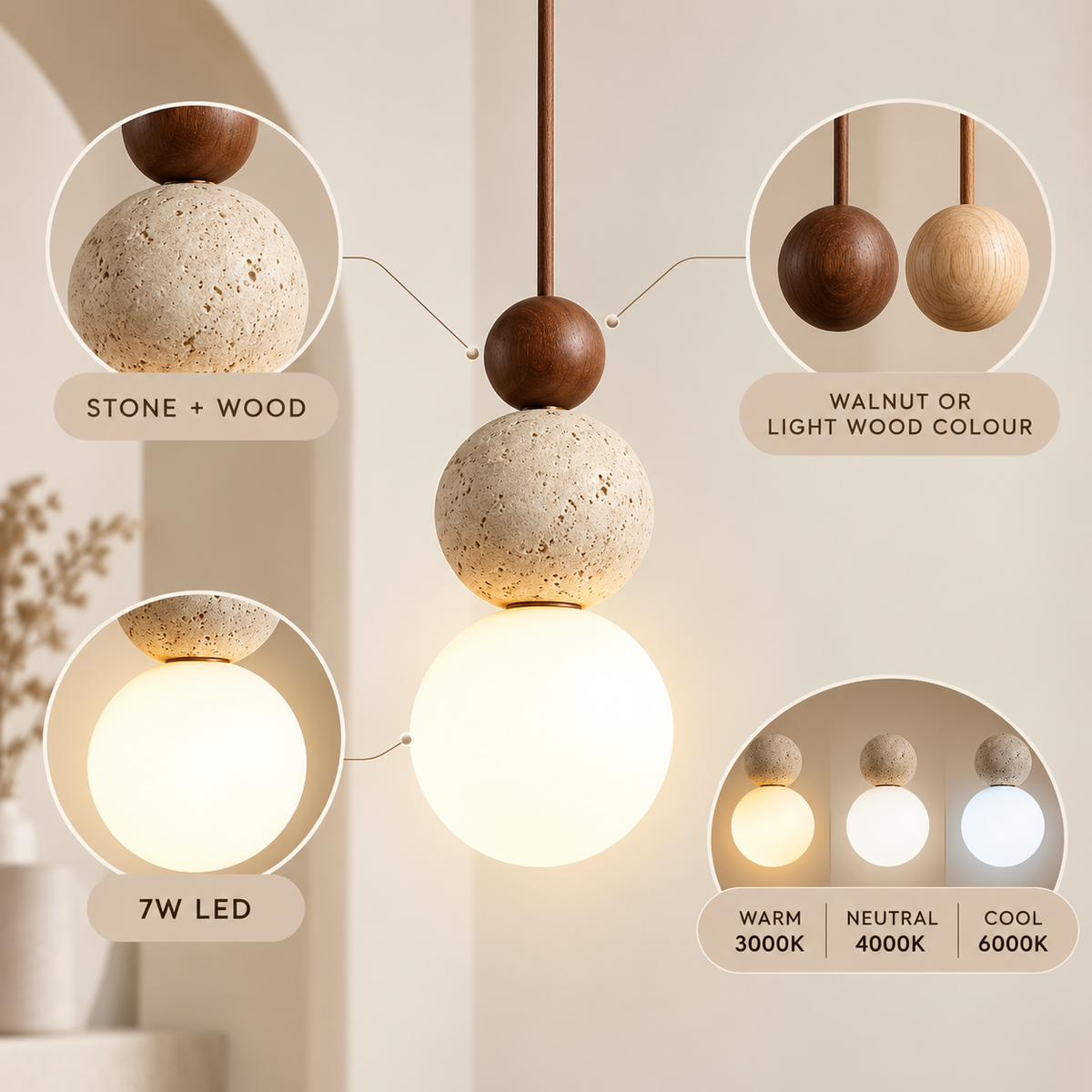 Verified materials, wood colours, 7W LED and light-temperature options for the stone and wood globe pendant; no dimensions