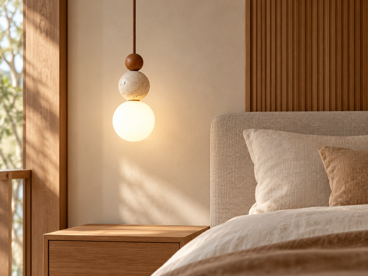 Stone and wood globe pendant glowing beside a bed in a warm modern bedroom
