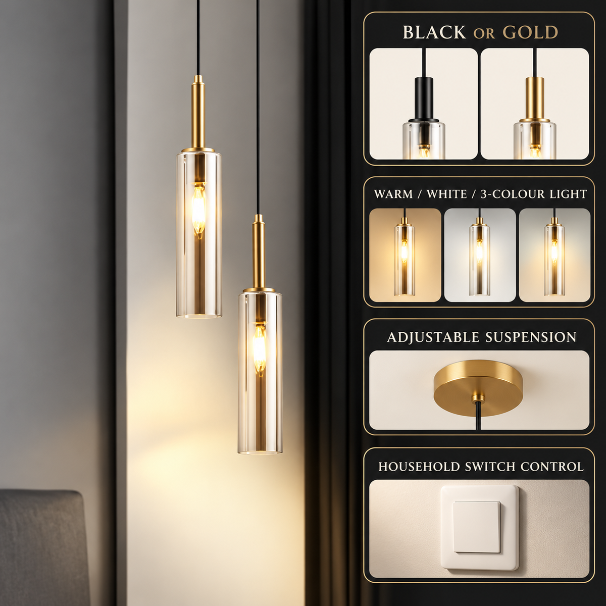 Verified finish, light options, adjustable suspension and switch control for the slim cylinder LED pendant; no dimensions