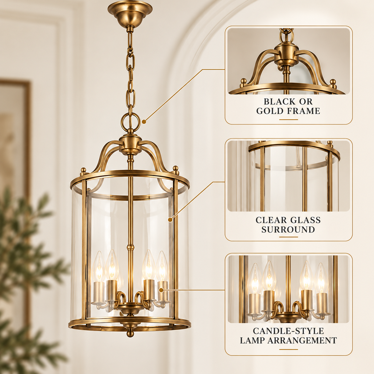 Verified frame finish, clear glass surround and candle-style lamp arrangement for the vintage glass lantern; no dimensions
