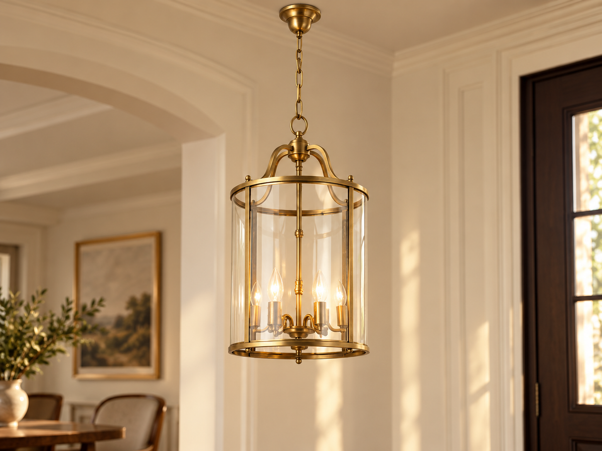 Gold glass lantern pendant in a softly lit traditional entry hall