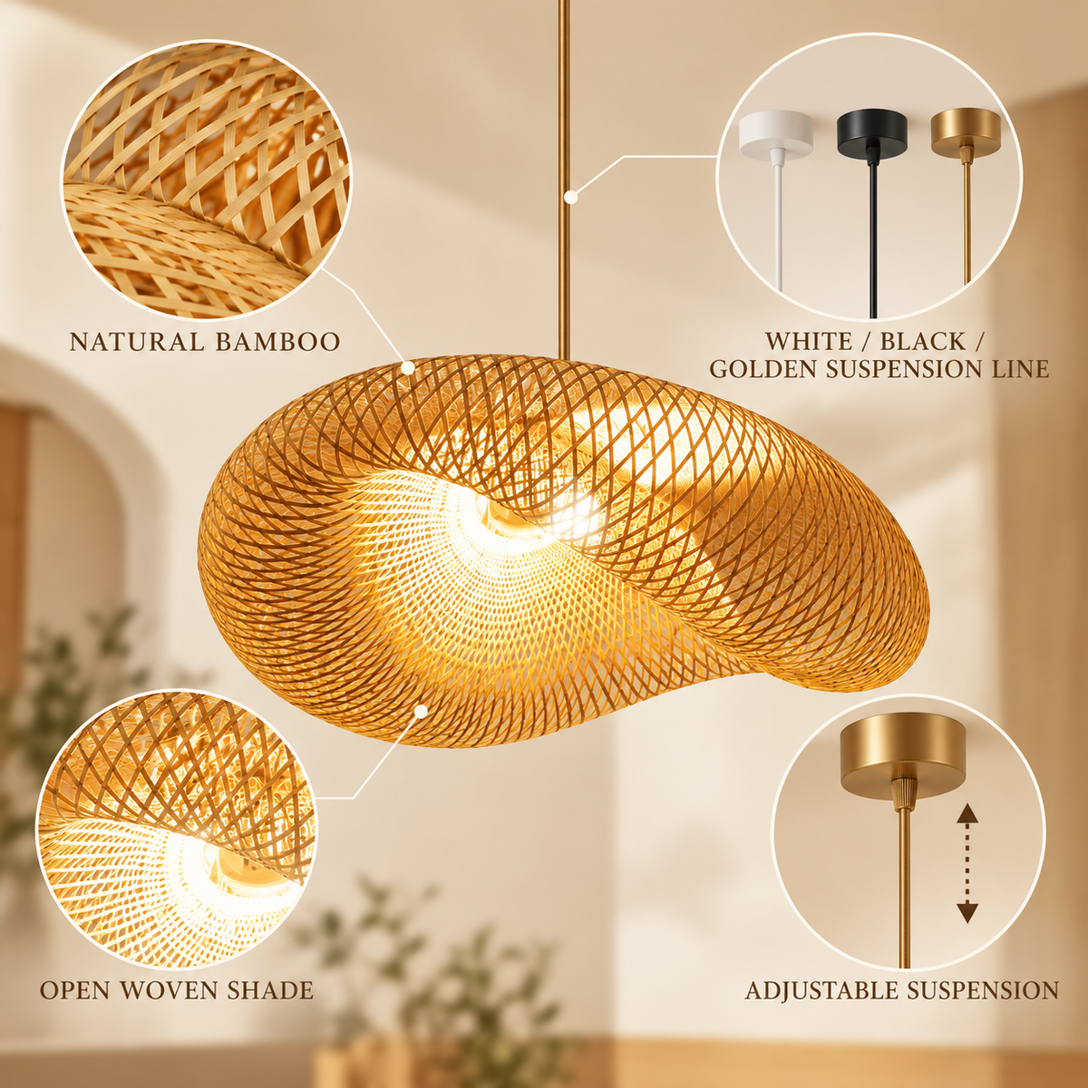Verified bamboo material, woven form, suspension colours and adjustability for the pendant; no dimensions