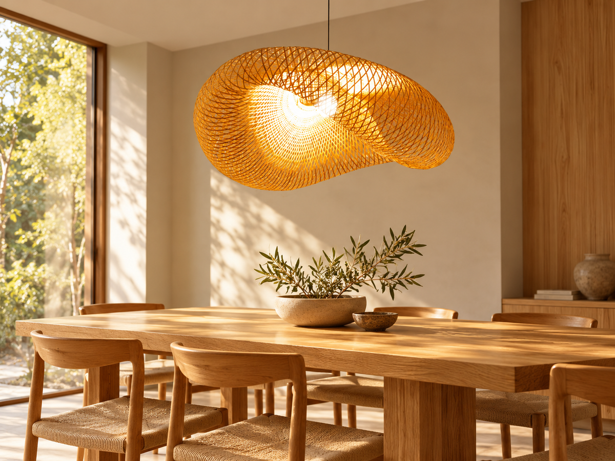 Woven bamboo pendant over a dining table in a warm natural wood interior