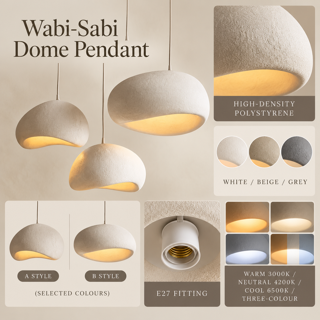 Verified shade material, colour, A/B style, E27 fitting and light options for the Wabi-Sabi dome pendant; no dimensions