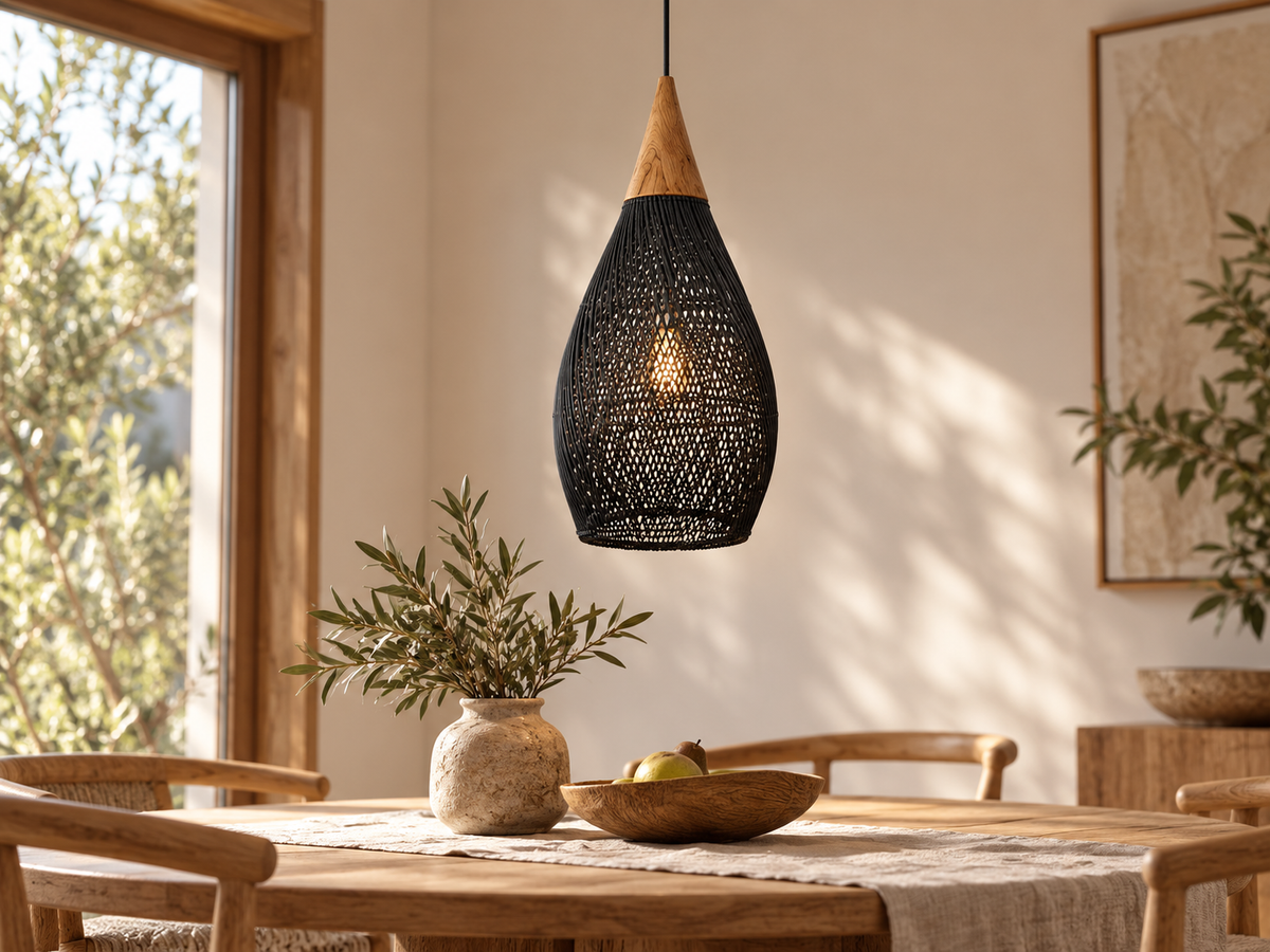 Textured Wabi-Sabi dome pendants over a dining table in a calm natural interior