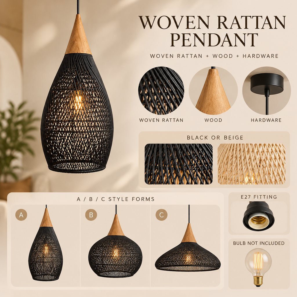 Verified woven materials, colour, A/B/C forms, E27 fitting and bulb inclusion details for the rattan pendant; no dimensions