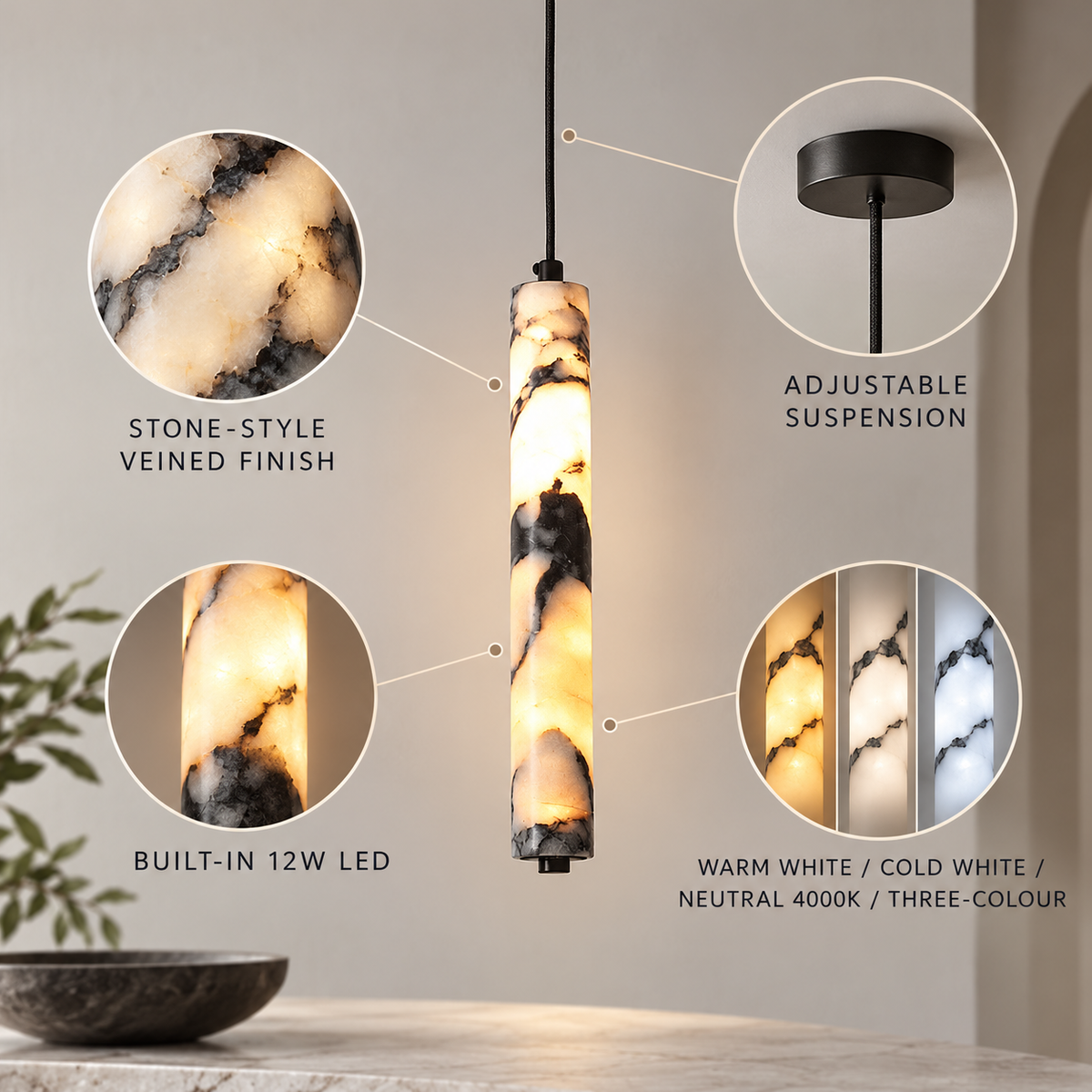 Verified stone-style finish, built-in 12W LED, lighting choices and adjustable suspension; no dimensions