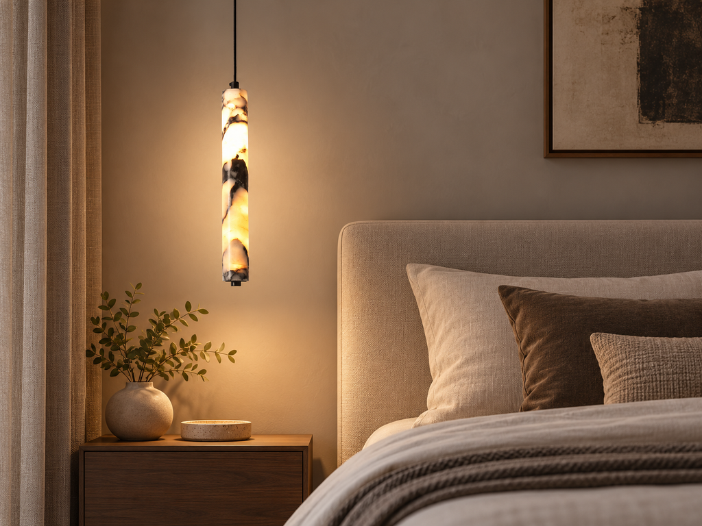 Veined stone-style cylinder LED pendant beside a bed in a softly lit bedroom