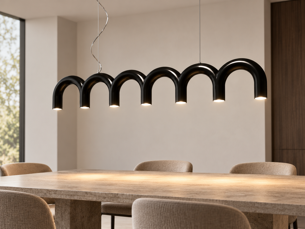 Black arched pendant over a dining table in a contemporary minimalist interior