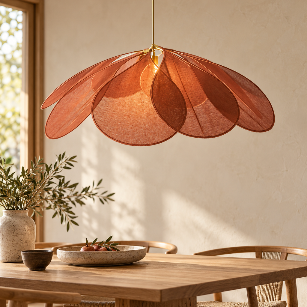 Rust-colour fabric petal pendant hanging above a dining table in a warm neutral interior