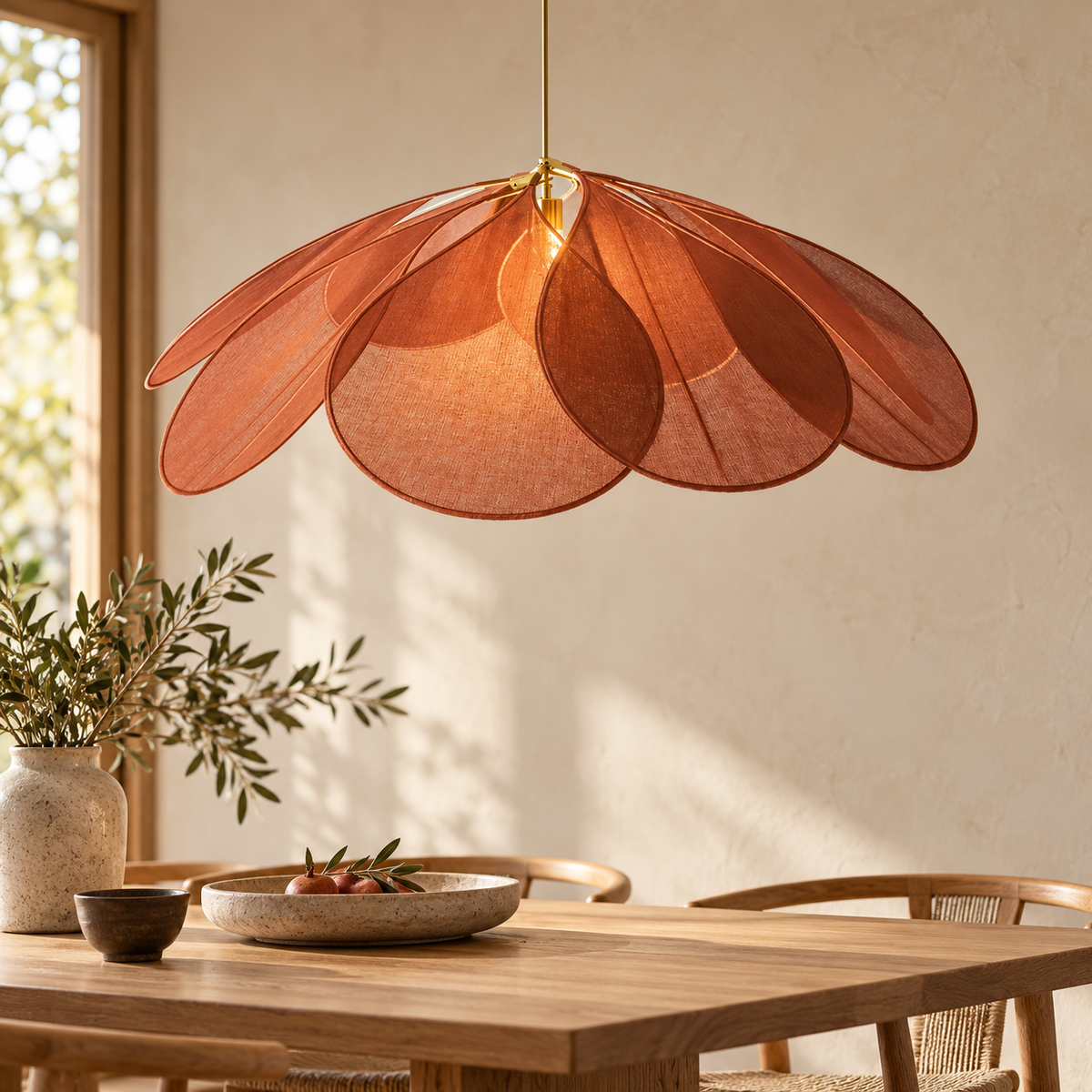 Rust-colour fabric petal pendant hanging above a dining table in a warm neutral interior