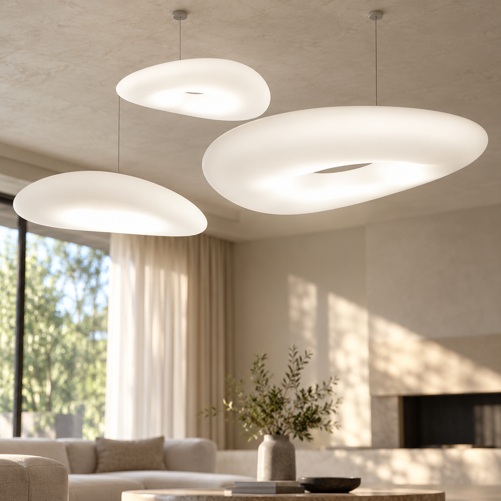 White circular LED pendant lights suspended in a bright contemporary living room