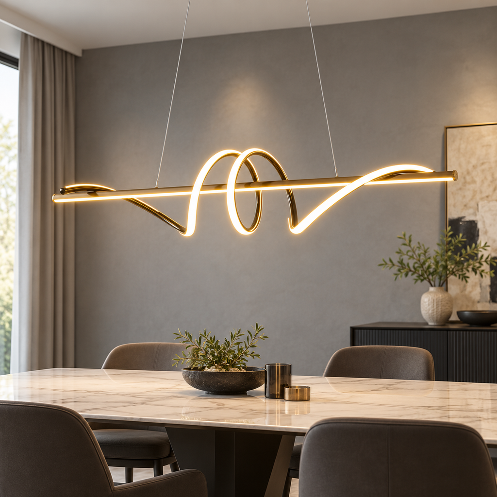Gold sculptural wave pendant above a dining table in a modern interior
