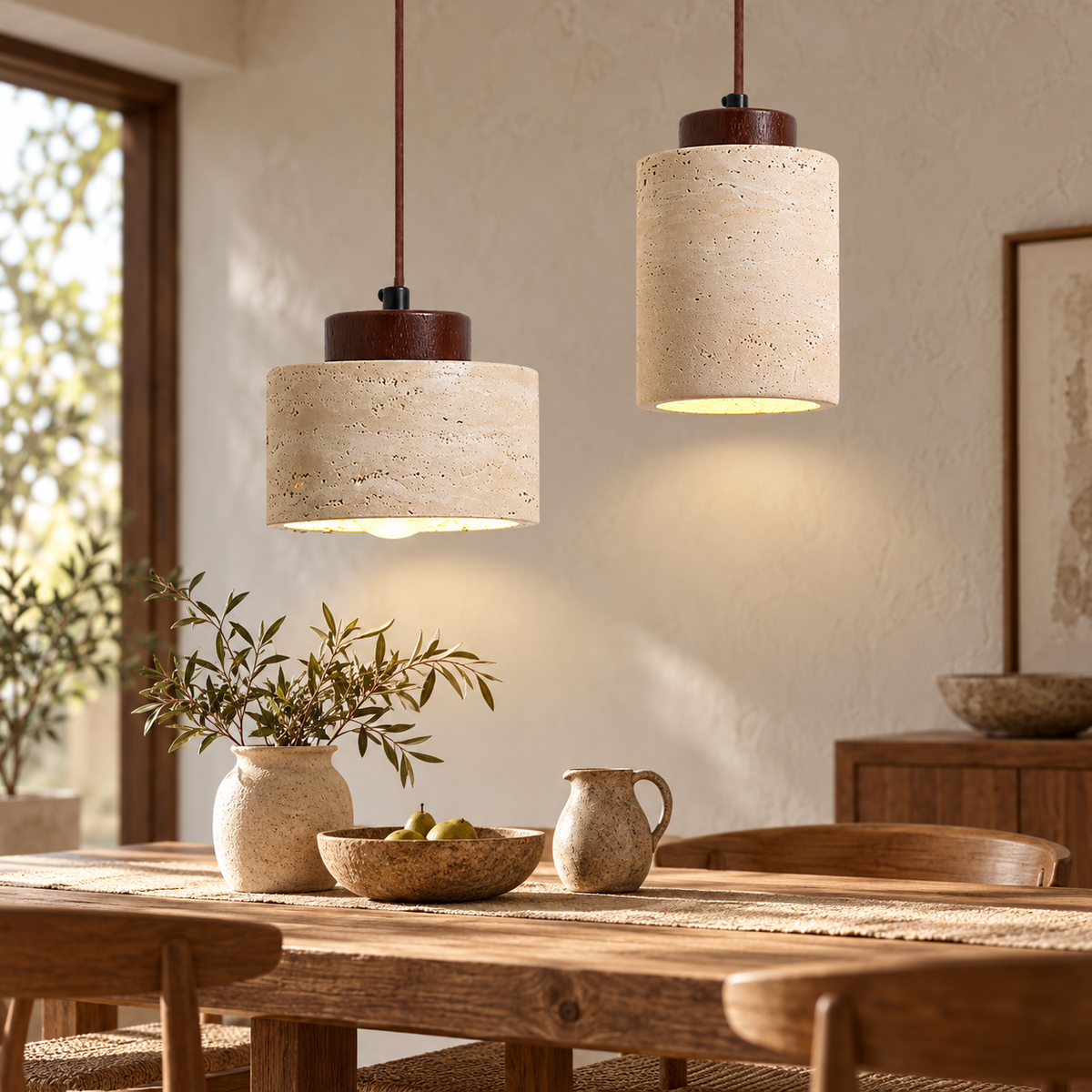 Textured cylinder pendant lights above a warm neutral dining table