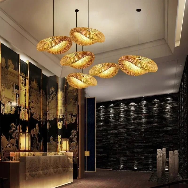 Bamboo Hand Weaving Pendant Lights 38Cm Hanging LED Ceiling Lamp Chandelier Fixture Rattan Hand Craft Woven Home Bedroom Decor