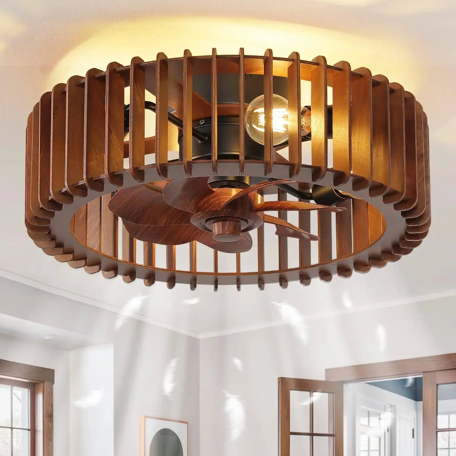 Scandinavian Wooden Ceiling Fan Light – Wabi-Sabi Pendant Ceiling Fan with Remote Control for Bedroom, Living Room & Dining Room