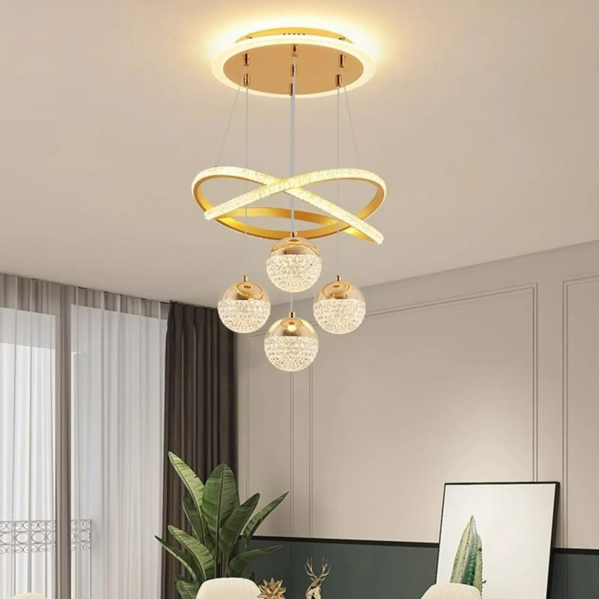 Modern Gold LED Pendant Light – Dimmable Hanging Ceiling Light with Remote Control for Dining Room, Living Room, Kitchen Island & Staircase