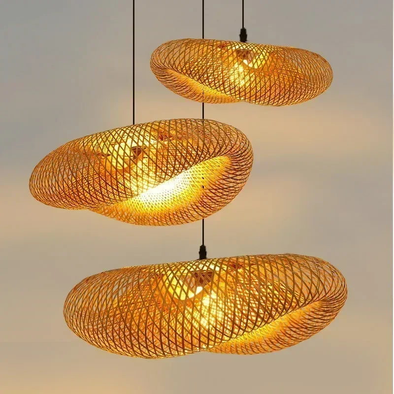 Bamboo Hand Weaving Pendant Lights 38Cm Hanging LED Ceiling Lamp Chandelier Fixture Rattan Hand Craft Woven Home Bedroom Decor