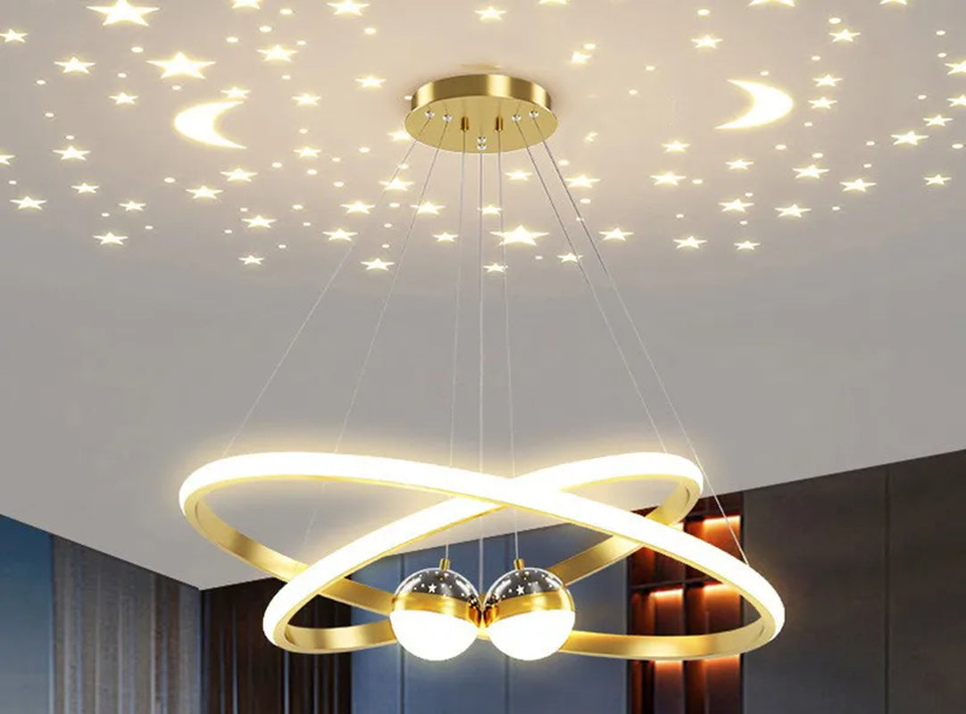 Modern LED Ring Chandelier with Moon & Star Design – Black or Gold Ceiling Light for Living Room, Dining Room, Bedroom & Entryway