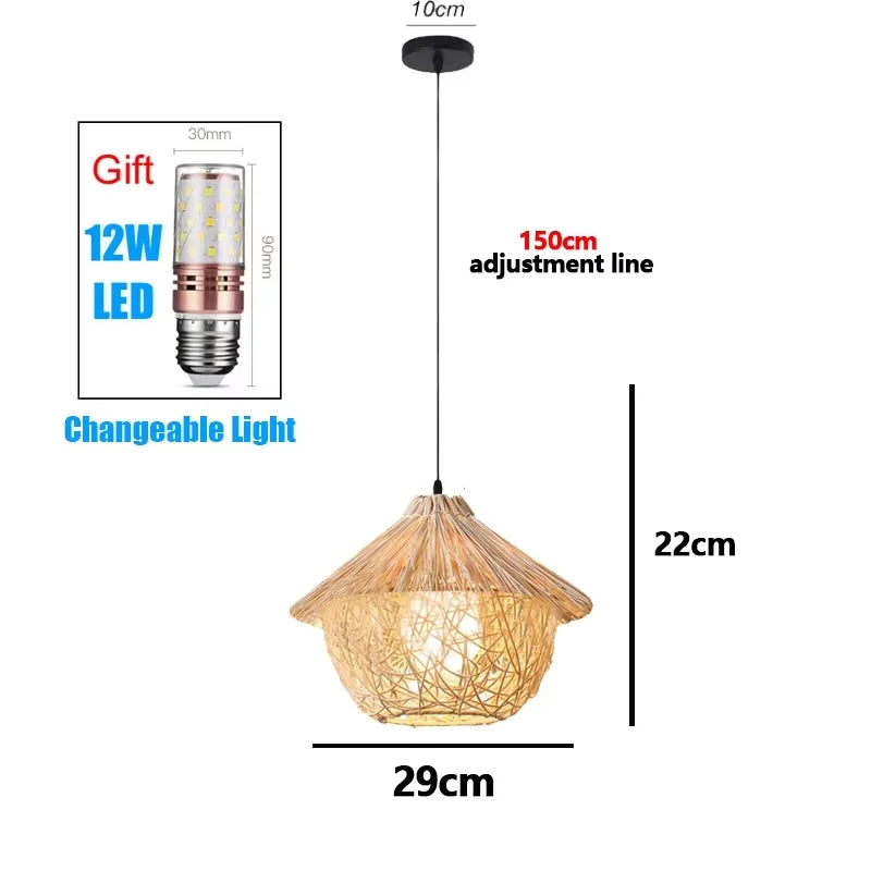 Bamboo Hand Weaving Pendant Lights 38Cm Hanging LED Ceiling Lamp Chandelier Fixture Rattan Hand Craft Woven Home Bedroom Decor