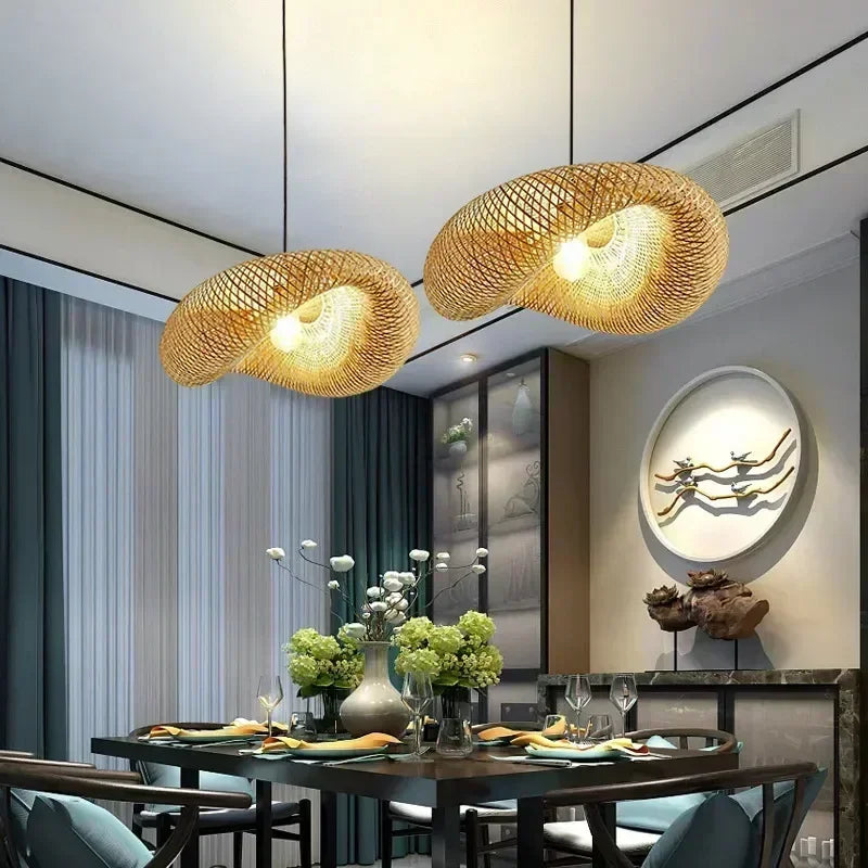 Bamboo Hand Weaving Pendant Lights 38Cm Hanging LED Ceiling Lamp Chandelier Fixture Rattan Hand Craft Woven Home Bedroom Decor