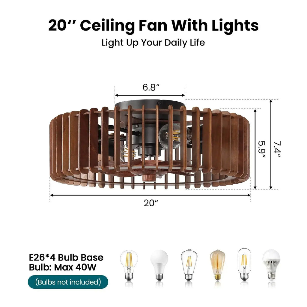 Scandinavian Wooden Ceiling Fan Light – Wabi-Sabi Pendant Ceiling Fan with Remote Control for Bedroom, Living Room & Dining Room