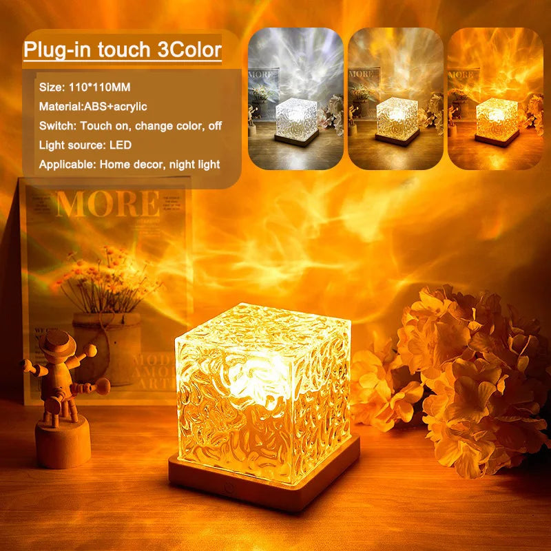 LED Rotating Water Ripple Night Lights RGB Colors Changing Show Cube Crystal Table Lamp for Home Bedroom Kids Party Decorations