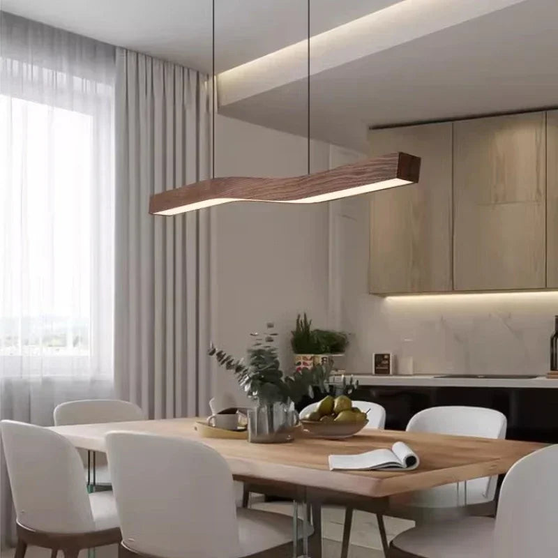 Modern Linear LED Pendant Light – Walnut Wood Effect Hanging Ceiling Light for Dining Room, Kitchen Island, Restaurant & Office