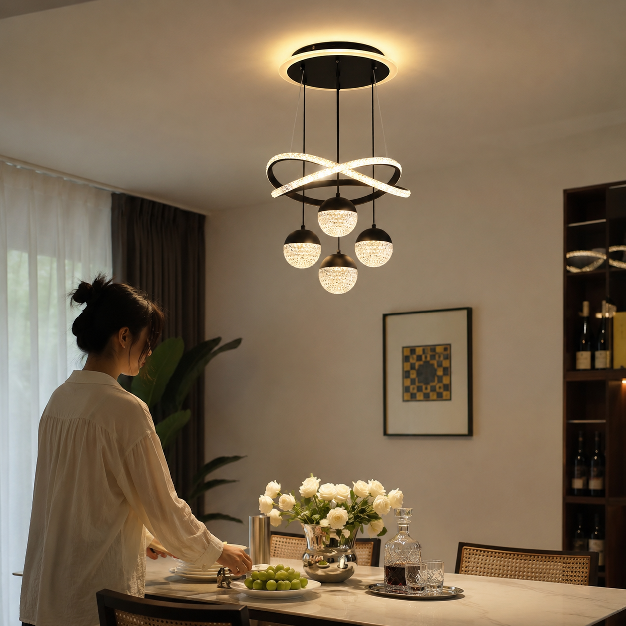 Modern Gold LED Pendant Light – Dimmable Hanging Ceiling Light with Remote Control for Dining Room, Living Room, Kitchen Island & Staircase