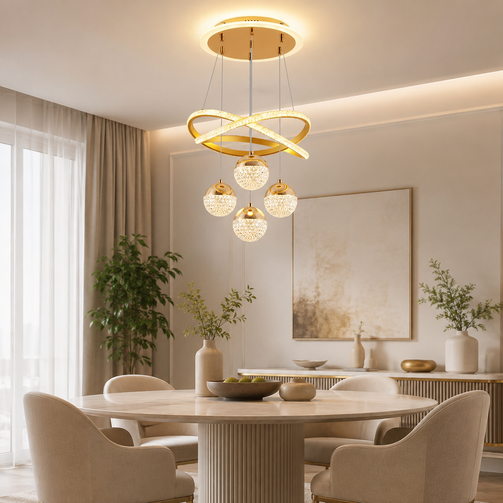Modern Gold LED Pendant Light – Dimmable Hanging Ceiling Light with Remote Control for Dining Room, Living Room, Kitchen Island & Staircase
