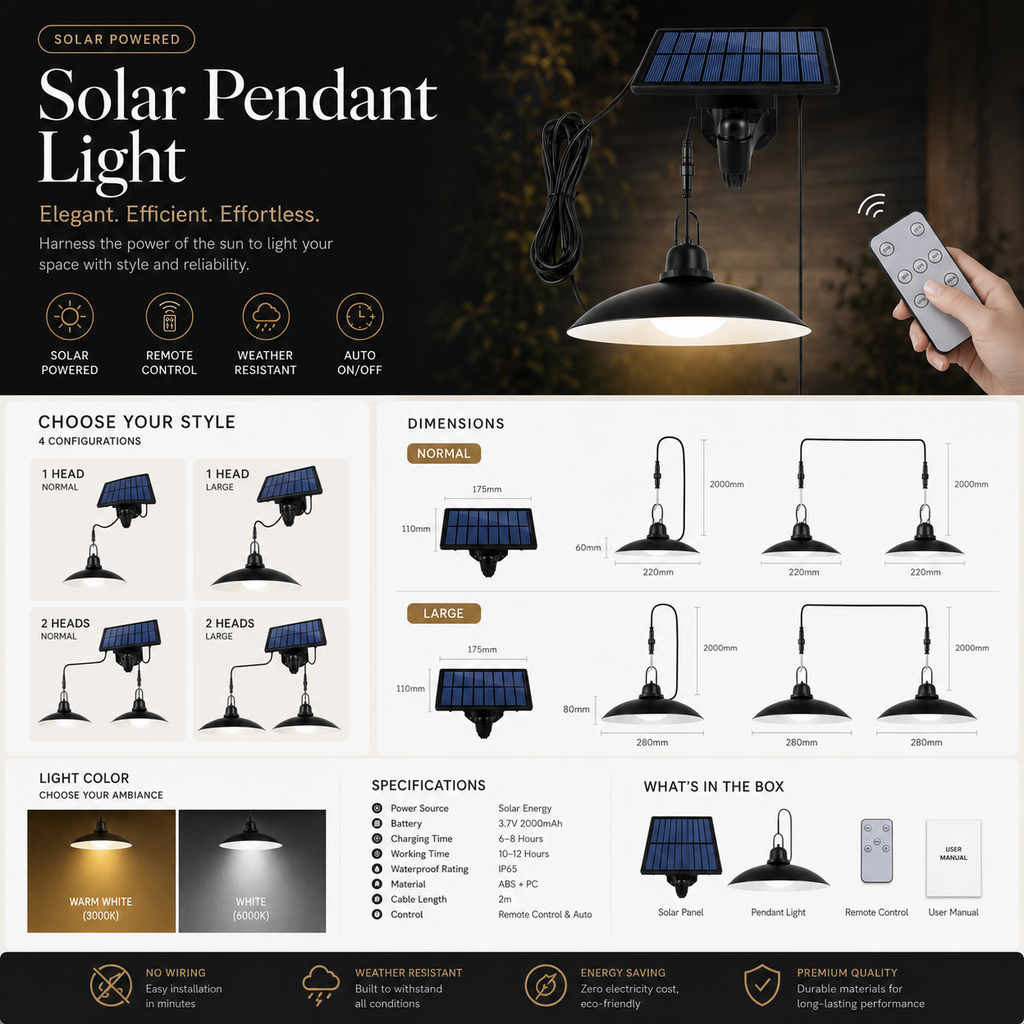 Solar LED Pendant Light – Waterproof Outdoor Hanging Light with Remote Control for Gazebo, Shed, Barn, Patio & Garden (Single or Double Head)