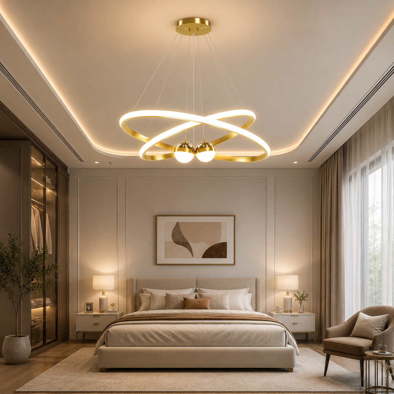 Modern LED Ring Chandelier with Moon & Star Design – Black or Gold Ceiling Light for Living Room, Dining Room, Bedroom & Entryway