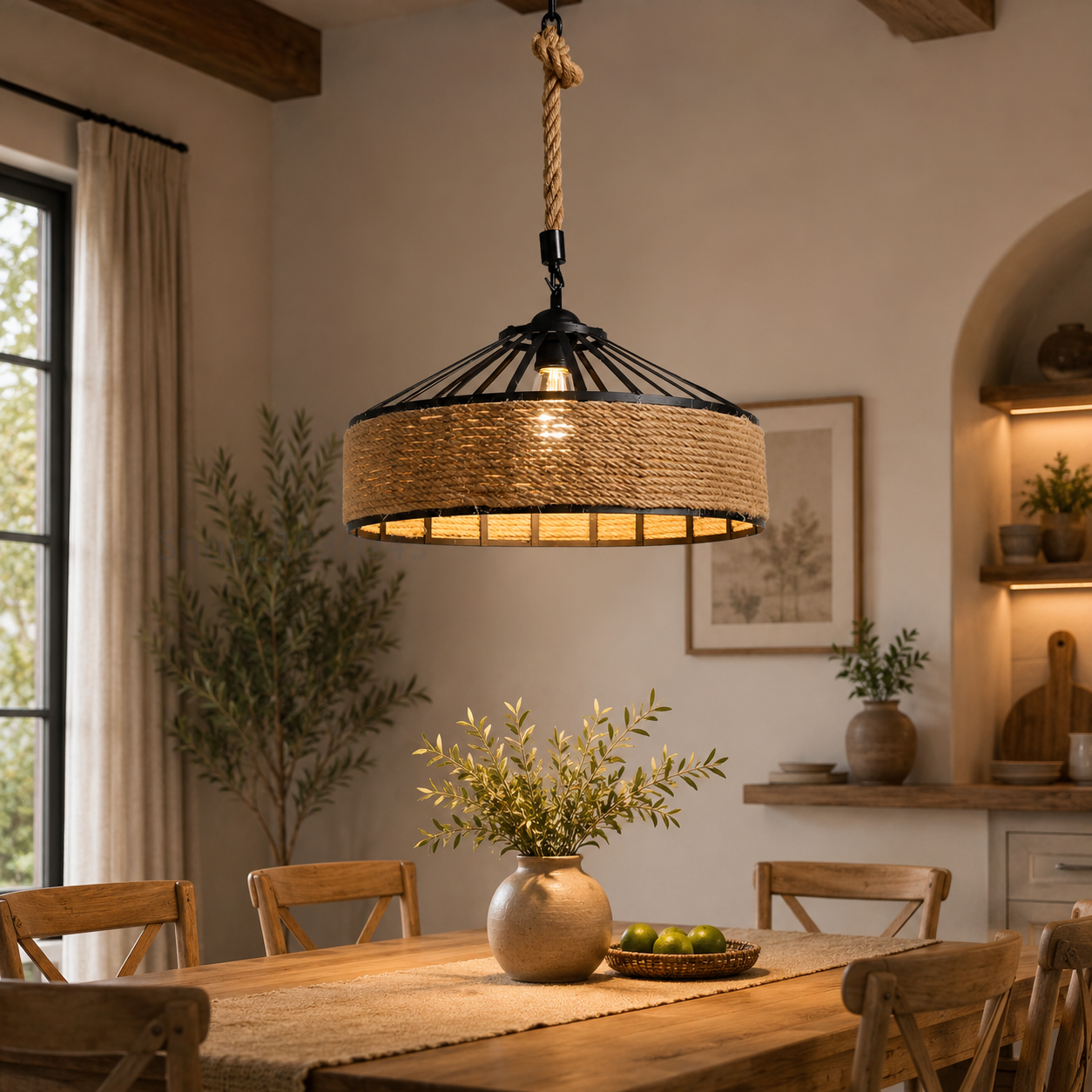 Industrial Hemp Rope Pendant Light – Vintage E27 Hanging Ceiling Lamp for Dining Room, Kitchen Island, Bar, Café & Restaurant