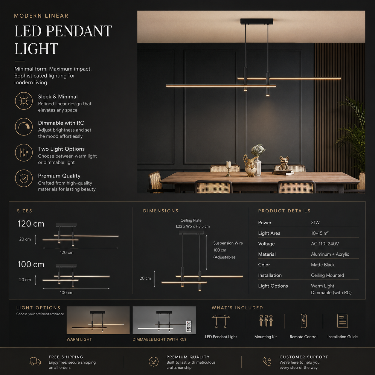 Modern Nordic LED Dining Room Chandelier | Dimmable Linear Pendant Light | Bar Counter Strip Ceiling Lamp with Remote Control | AC110-240V Minimalist Designer Hanging Light Fixture