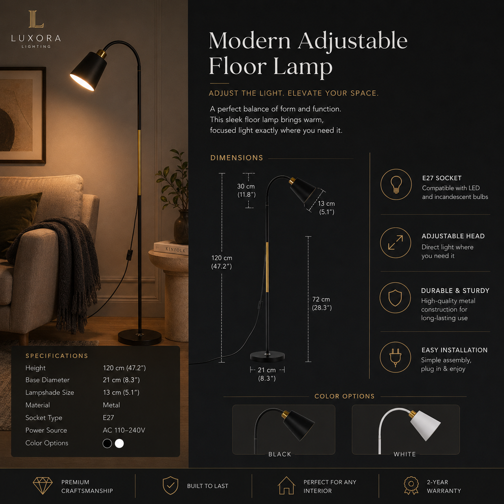 LED Floor Lamp Adjustable Reading Light Wrought Iron Standing Floor Lamp Black or White for Living Room Bedroom Office Modern Tall Lamp