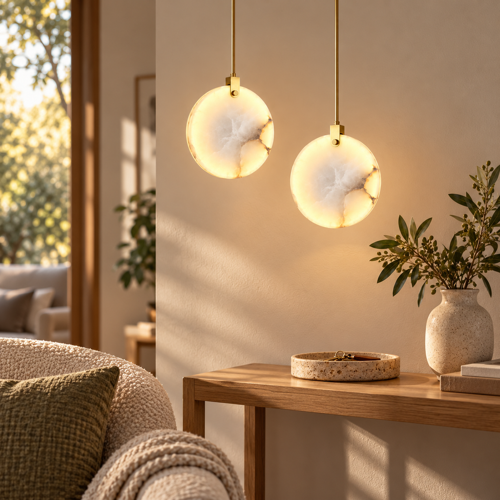 Marble Disc LED Pendant Light – Warm White Bedside & Dining Lamp, 15–25cm or Pairs