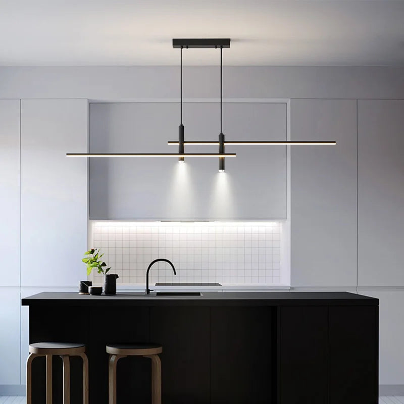 Modern Nordic LED Dining Room Chandelier | Dimmable Linear Pendant Light | Bar Counter Strip Ceiling Lamp with Remote Control | AC110-240V Minimalist Designer Hanging Light Fixture