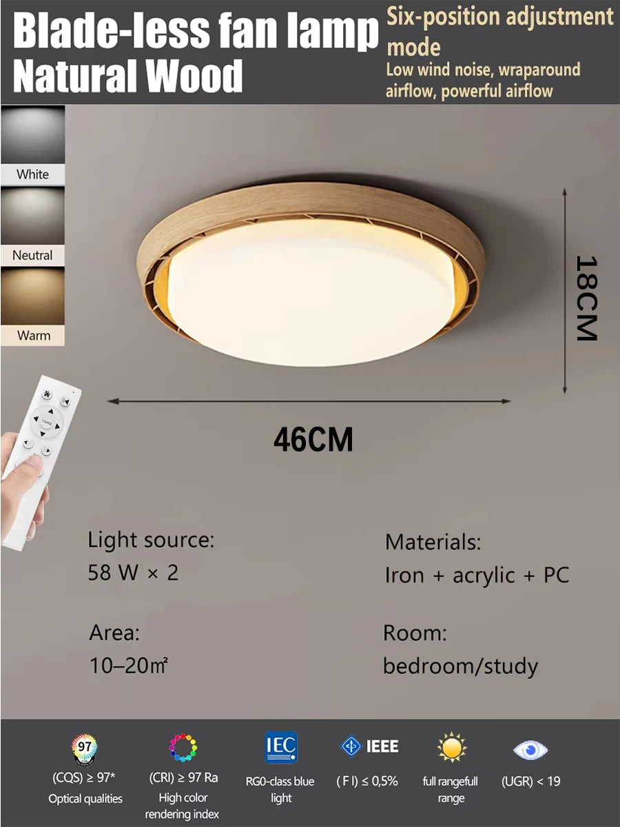 Modern Smart Bladeless Ceiling Fan with LED Light – Walnut Wood Effect Ceiling Fan Light with Remote Control for Bedroom, Living Room & Home