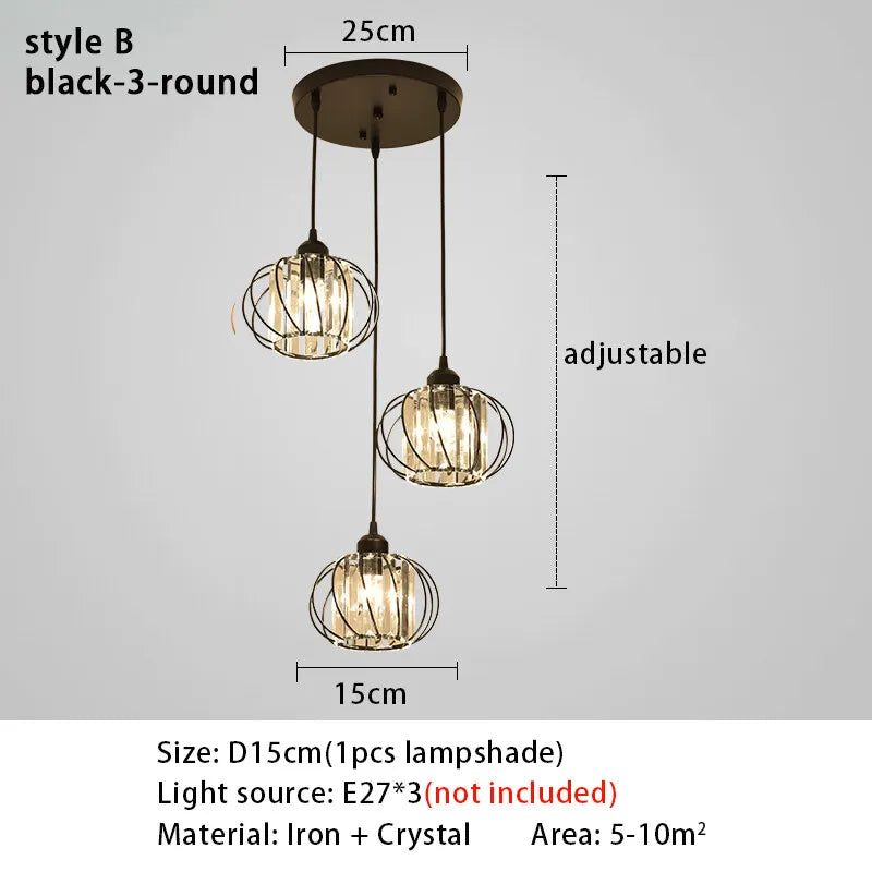 Crystal LED Pendant Lights for Dining Room Living Room Nordic Black Iron Shade 1/3 Lights Kitchen Decor Hanging Ceiling Lamp