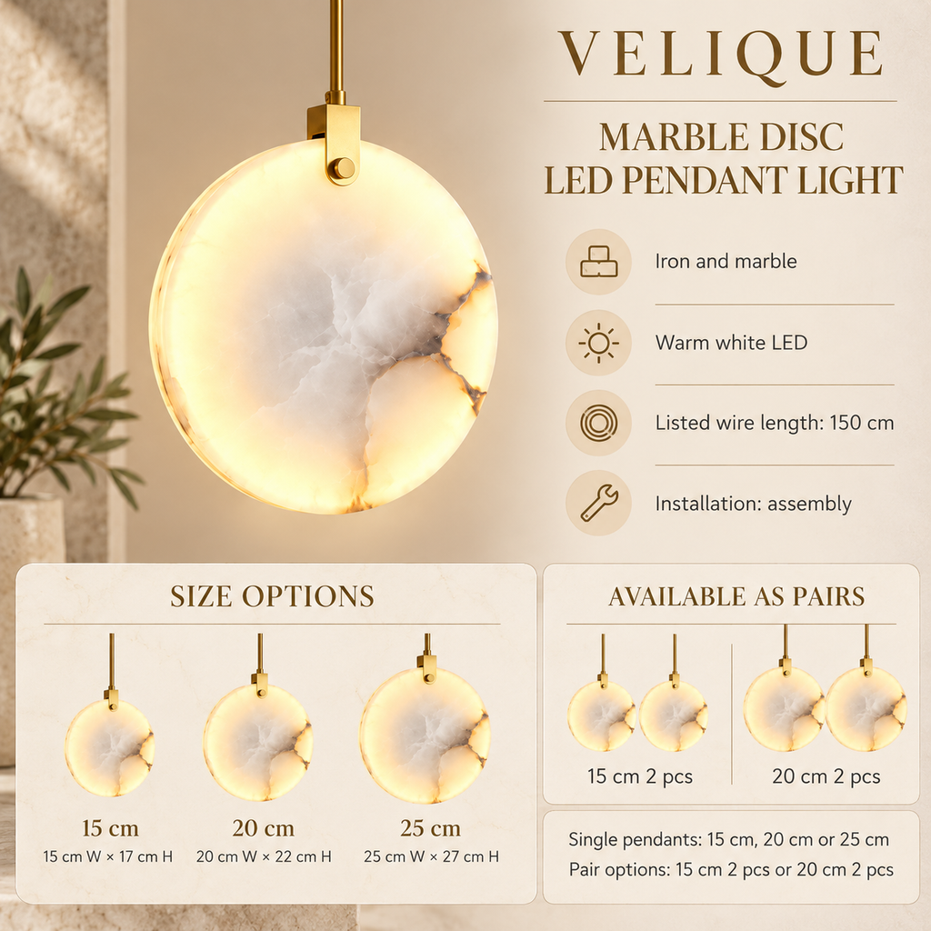 Marble Disc LED Pendant Light – Warm White Bedside & Dining Lamp, 15–25cm or Pairs