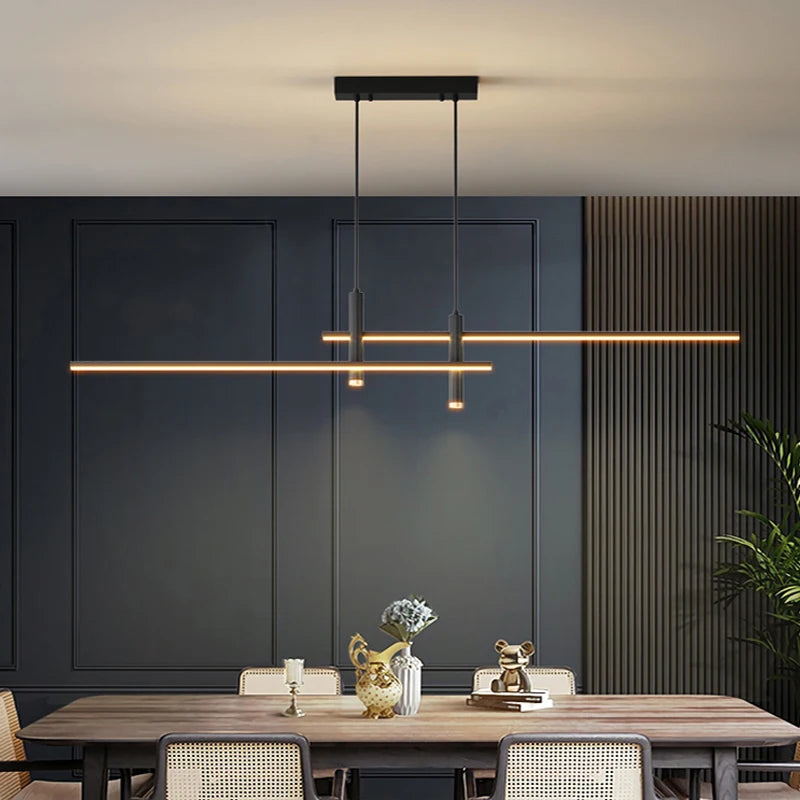 Modern Nordic LED Dining Room Chandelier | Dimmable Linear Pendant Light | Bar Counter Strip Ceiling Lamp with Remote Control | AC110-240V Minimalist Designer Hanging Light Fixture